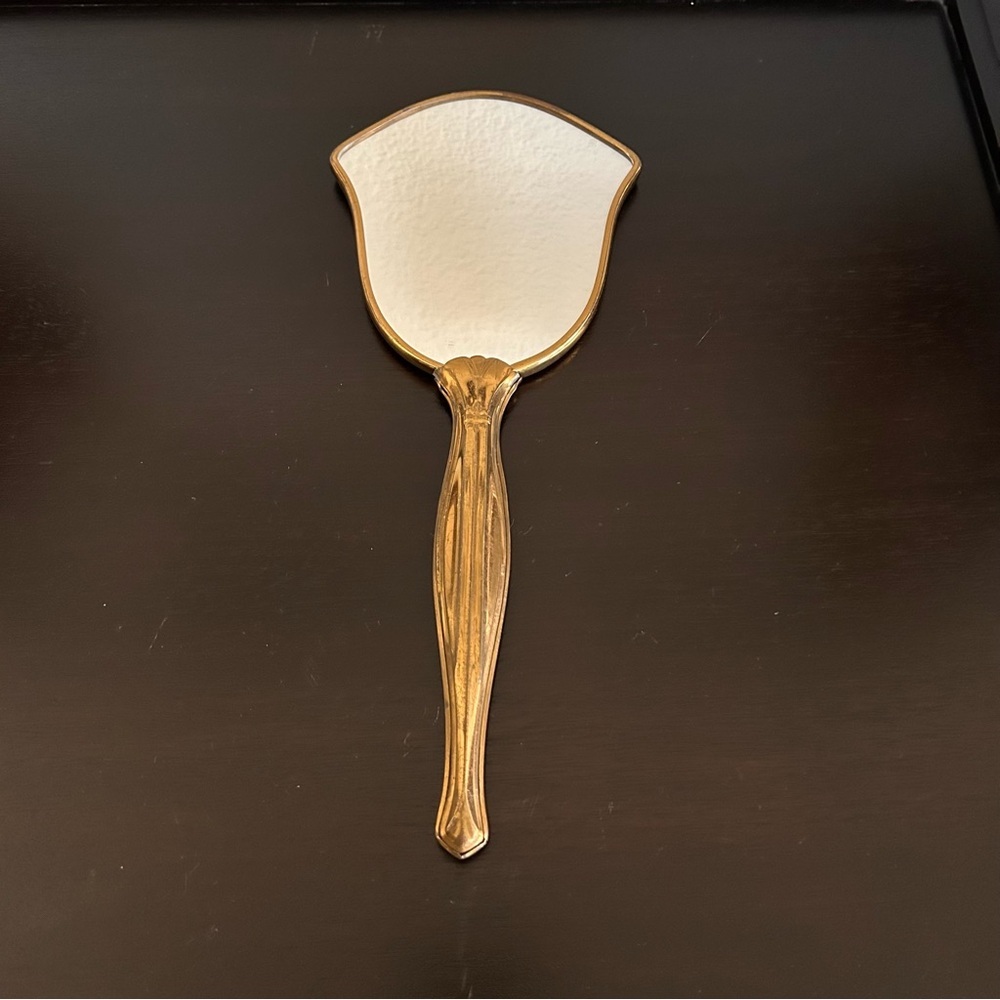 Vintage Lace Back Hand Mirror Brass French Boudoir Vanity Mirror Art Deco 13”